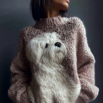 Cute White Dog Embroidered Crew Neck Cozy Sweater