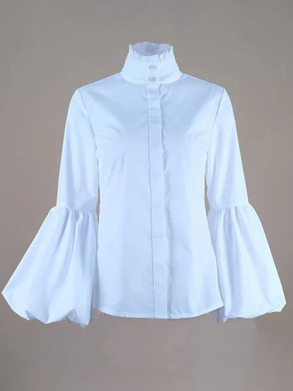 Urban Solid Color Stand Collar Puff Sleeves Blouse