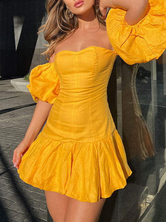 Yellow one shoulder mini dress