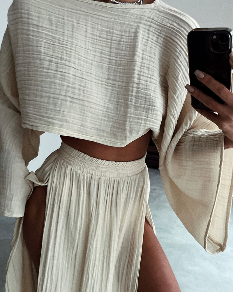 Vacation Cropped Top High Waist Chic Slit Linen Casual Two-Piece Set