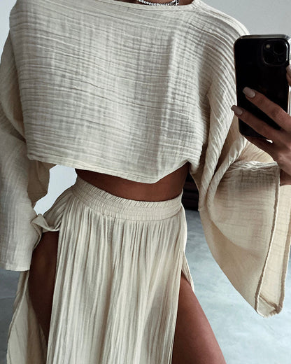 Vacation Cropped Top High Waist Chic Slit Linen Casual Two-Piece Set