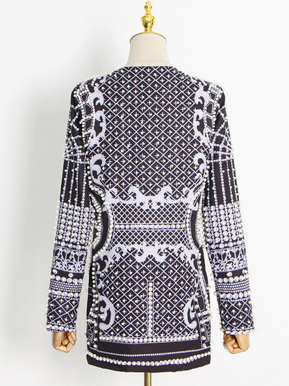 Long Sleeves Loose Beads Printed V-Neck Blazer Outerwear