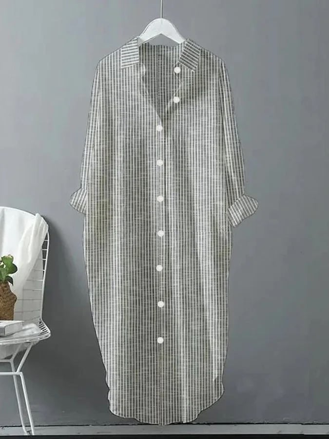 Ladies Retro Striped Design Casual Loose Shirt Dress