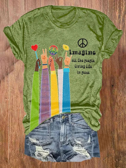 Retro Hippie Imagine All The People Living Life In Peace Print Shirt