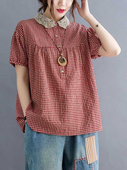 Cotton Blend Plaid Polo Puff Sleeve T-Shirts Tops