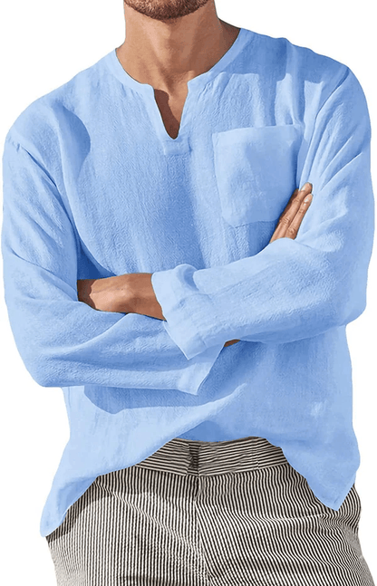 Men's Casual Long Sleeve V-neck Loose Linen Shirt