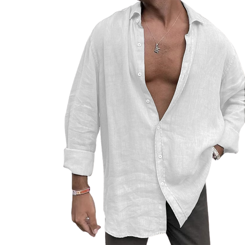 Solid Shirt Flax Polo Collar Long Sleeve Casual Shirt