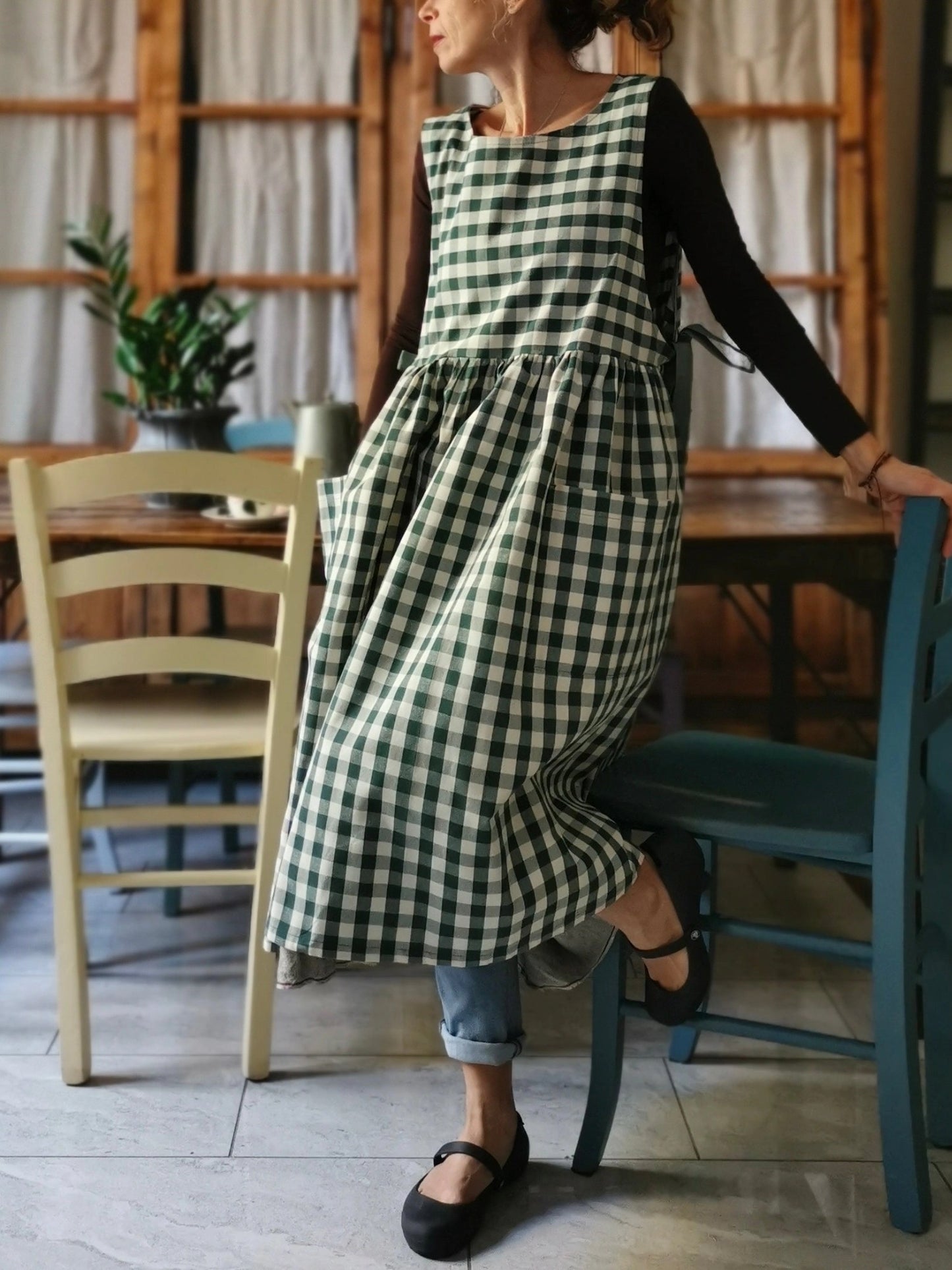 Dark Green Checked Cotton Kitchen Apron