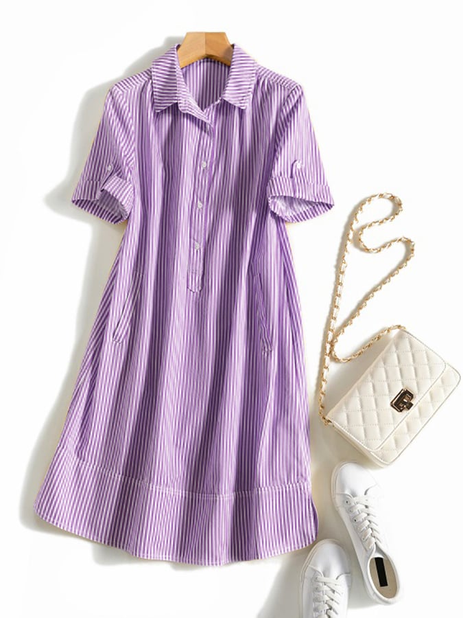 Fashion Casual Striped Shirt Dress