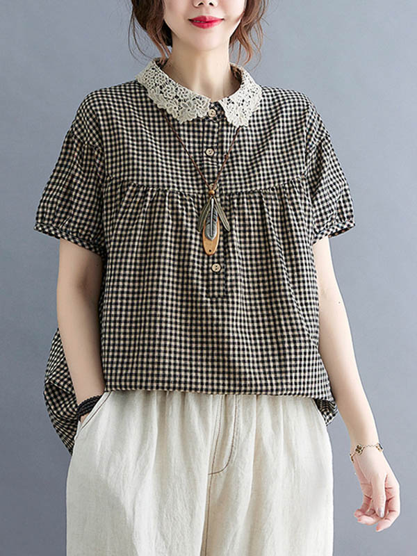 Cotton Blend Plaid Polo Puff Sleeve T-Shirts Tops