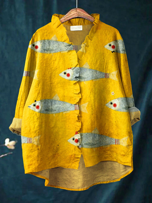 Women's Vintage Abstract Fish Art Print Casual Cotton And Linen Ruffle Shirt