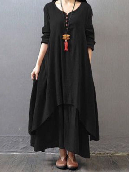 Ladies Cotton Linen Fake Two Piece Long Sleeve Dress