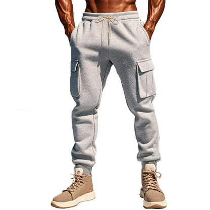 Men's Solid Color Plush Elastic Waist Multi-pocket Sports Pants