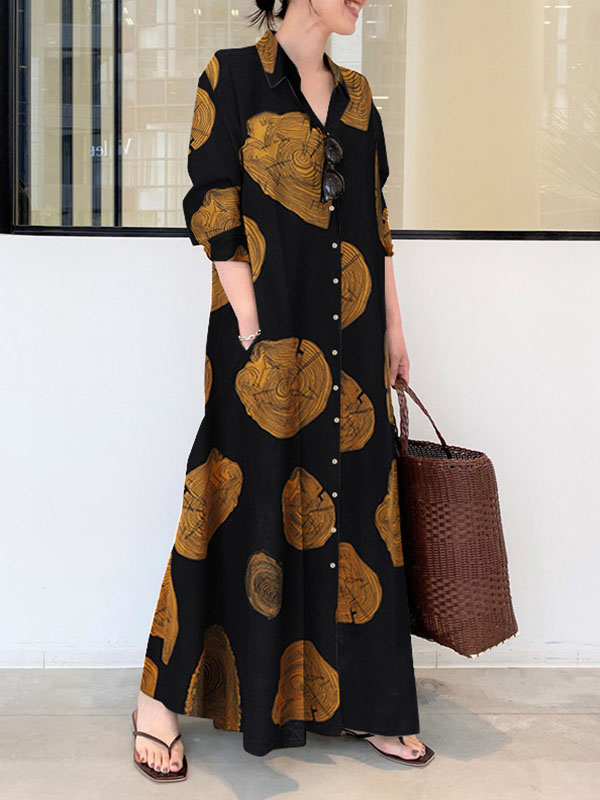 Long Sleeves Loose Printed Split-Joint Lapel Maxi Dresses Shirt Dress