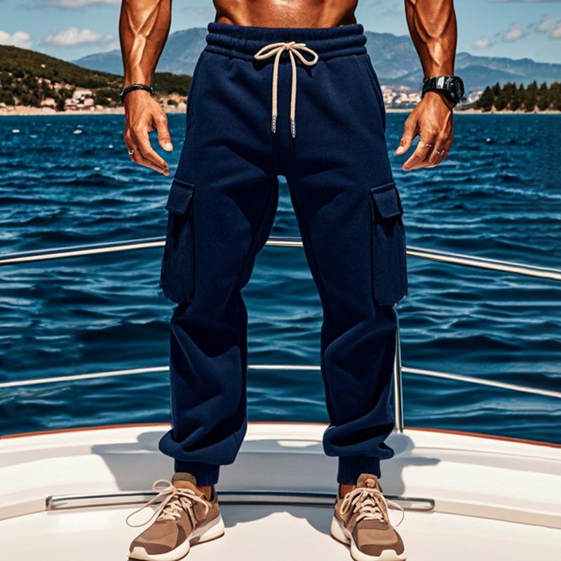 Men's Solid Color Plush Elastic Waist Multi-pocket Sports Pants