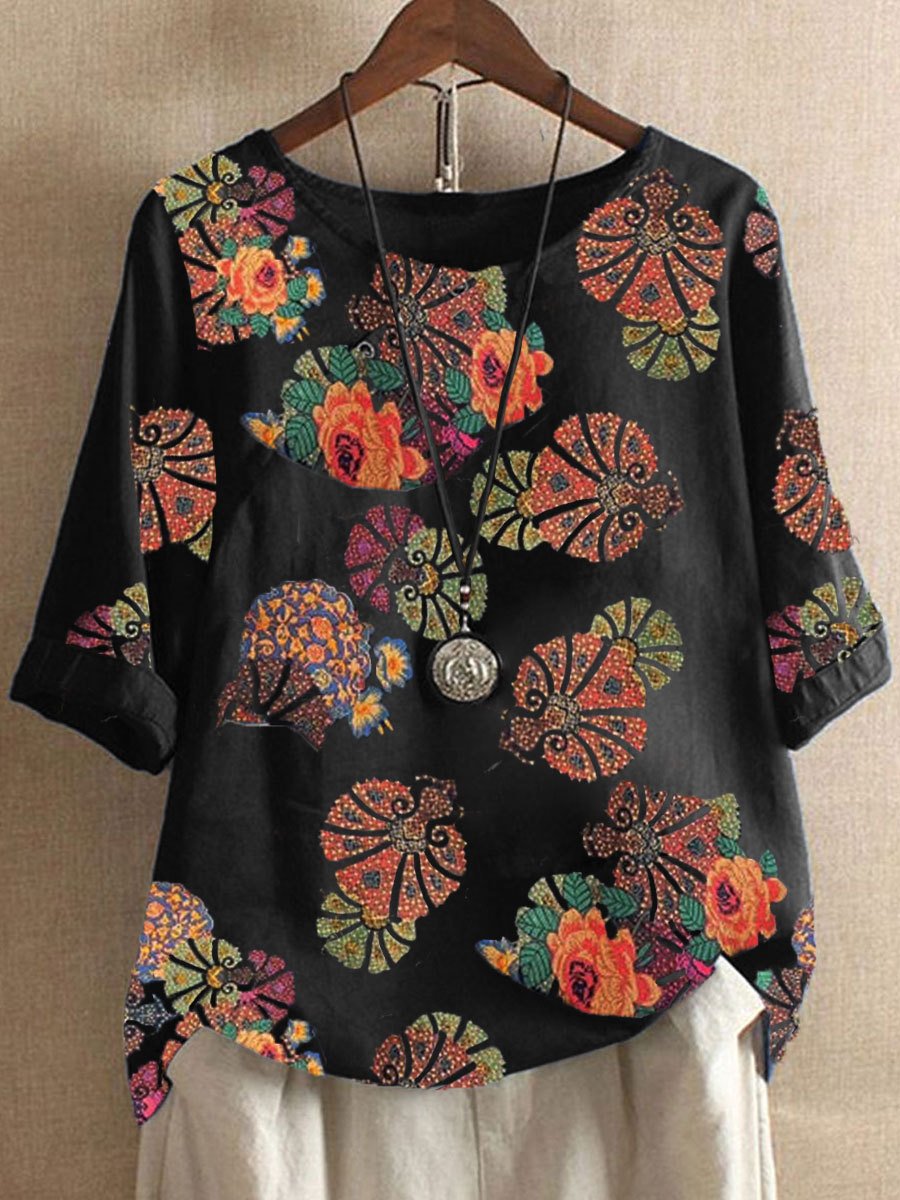 Soft Cotton Linen Short Sleeve Printed O-Neck Ladies blouses Tops