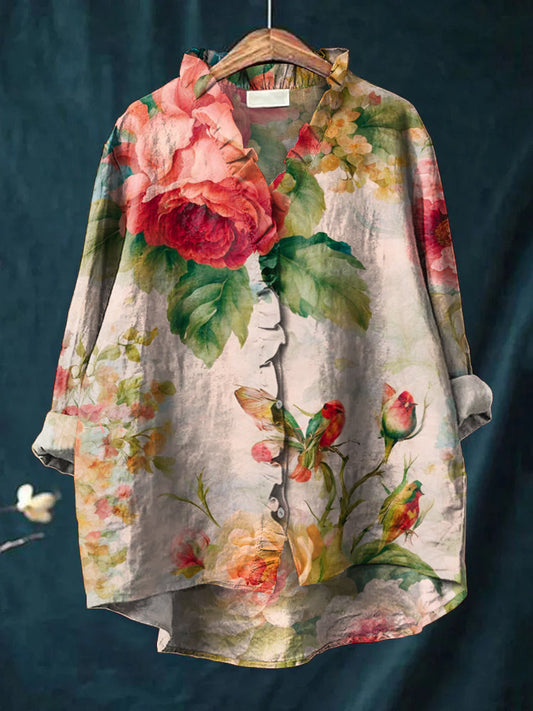Vintage Floral Print Casual Ruffled Long-sleeved Cotton and Linen Shirt