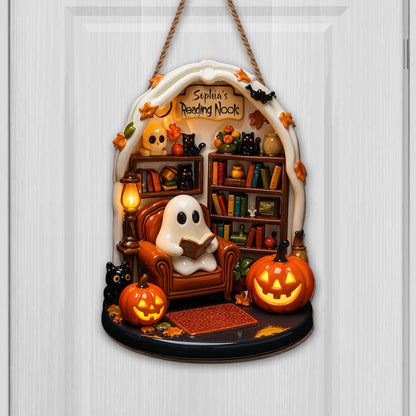 Sophia's Reading Nook With Ghost, Pumpkins, And Books - Personalized Custom Shaped Wood Sign