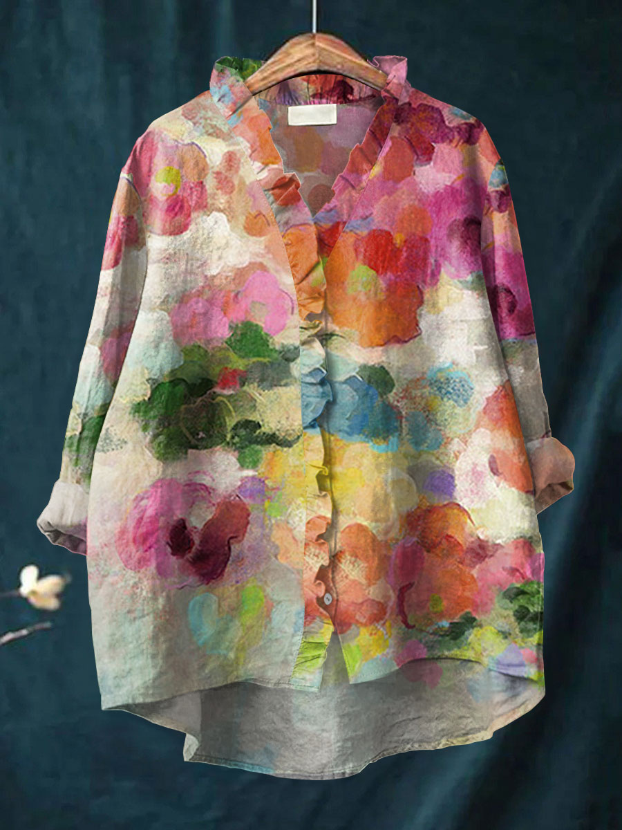 Women's Vintage Flowers Art Print Casual Cotton And Linen Ruffle Shirt
