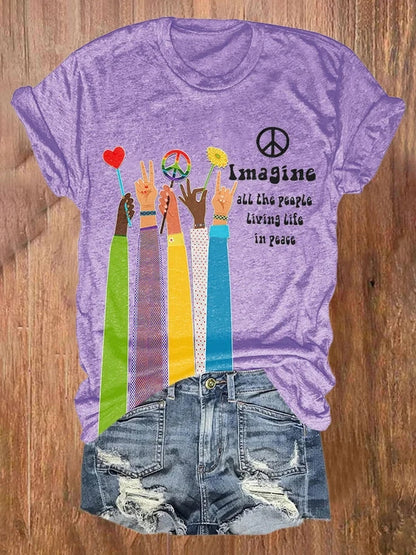 Retro Hippie Imagine All The People Living Life In Peace Print Shirt