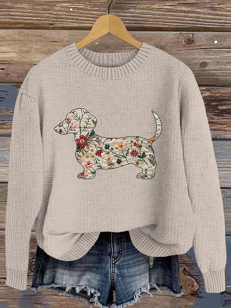 Vintage Classic Dachshund In Floral Art Inspired Embroidered Cozy Knit Sweater