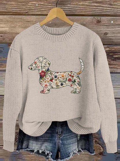 Vintage Classic Dachshund In Floral Art Inspired Embroidered Cozy Knit Sweater