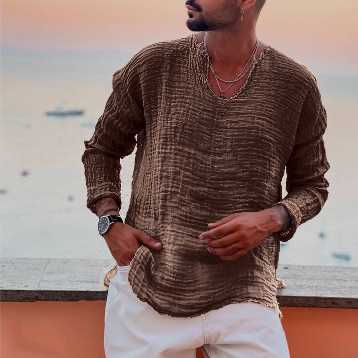 Men's Linen Summer Casual Beach Shirt White Blue Brown Long Sleeve Plain V Neck Casual Daily Clothing Apparel