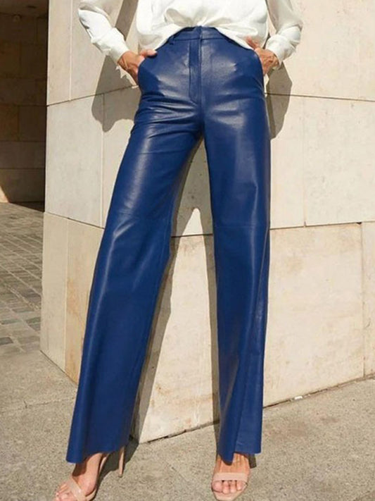 Skinny Leg Straight Leg High-Waisted Solid Color Split-Joint PU Pants Trousers