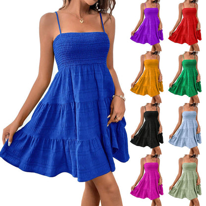 Strap Solid Color Pleated Short Dresses