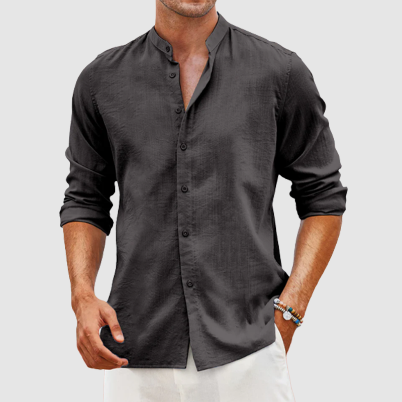 Men's linen cardigan solid color casual standing collar long sleeve shirt