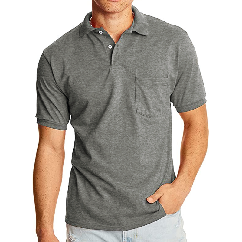 Men's Solid Lapel Breast Pocket Short Sleeve Polo Shirt