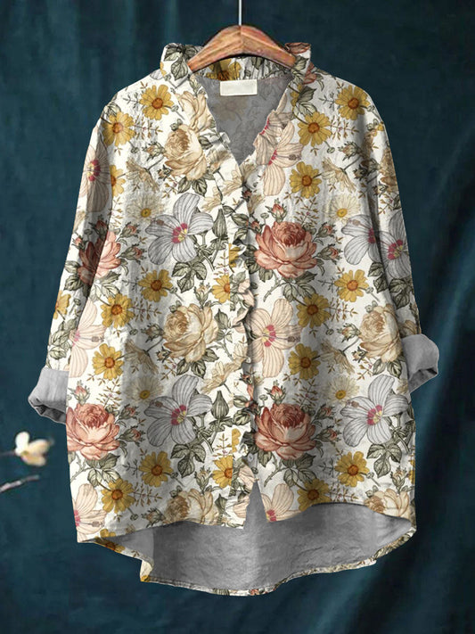 Women's Floral Art Print Casual Cotton And Linen Ruffle Shirt
