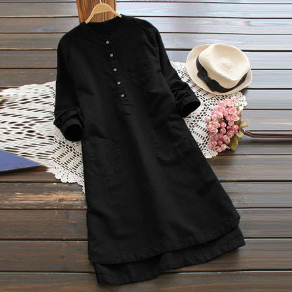 Loose stand-up collar long-sleeved solid color cotton and linen shirt dress