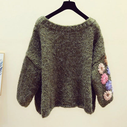 Cozy Handmade Flower Embroidery Autumn Winter Loose Sweater