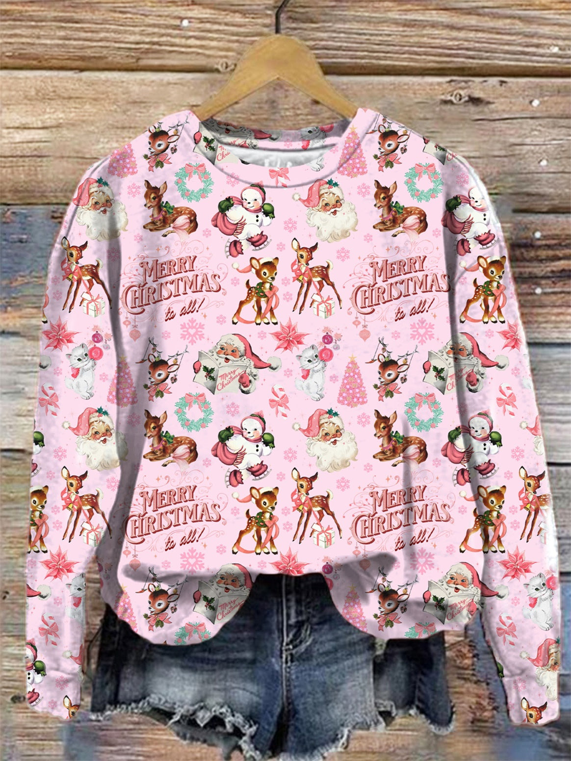 Vintage Pink Christmas Santa Holiday Print Long Sleeve Top