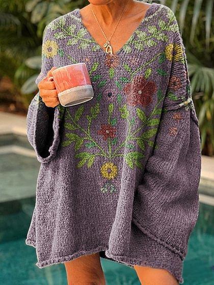 Women's Vintage Ethnic Floral Art Print Casual Pullover Sweater