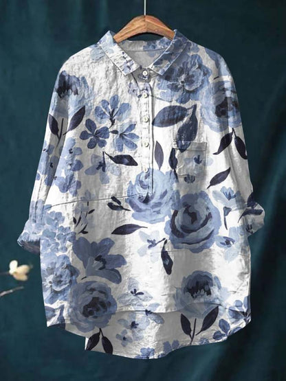 Women's Floral Print Casual Cotton And Linen Tops