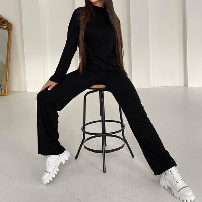 Casual Solid Color Turtleneck Loose Knit Ladies Two-piece Suit