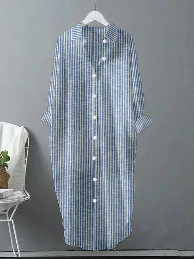 Ladies Retro Striped Design Casual Loose Shirt Dress