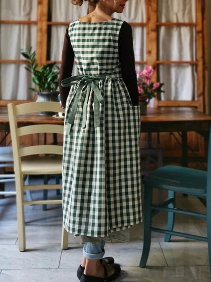 Dark Green Checked Cotton Kitchen Apron