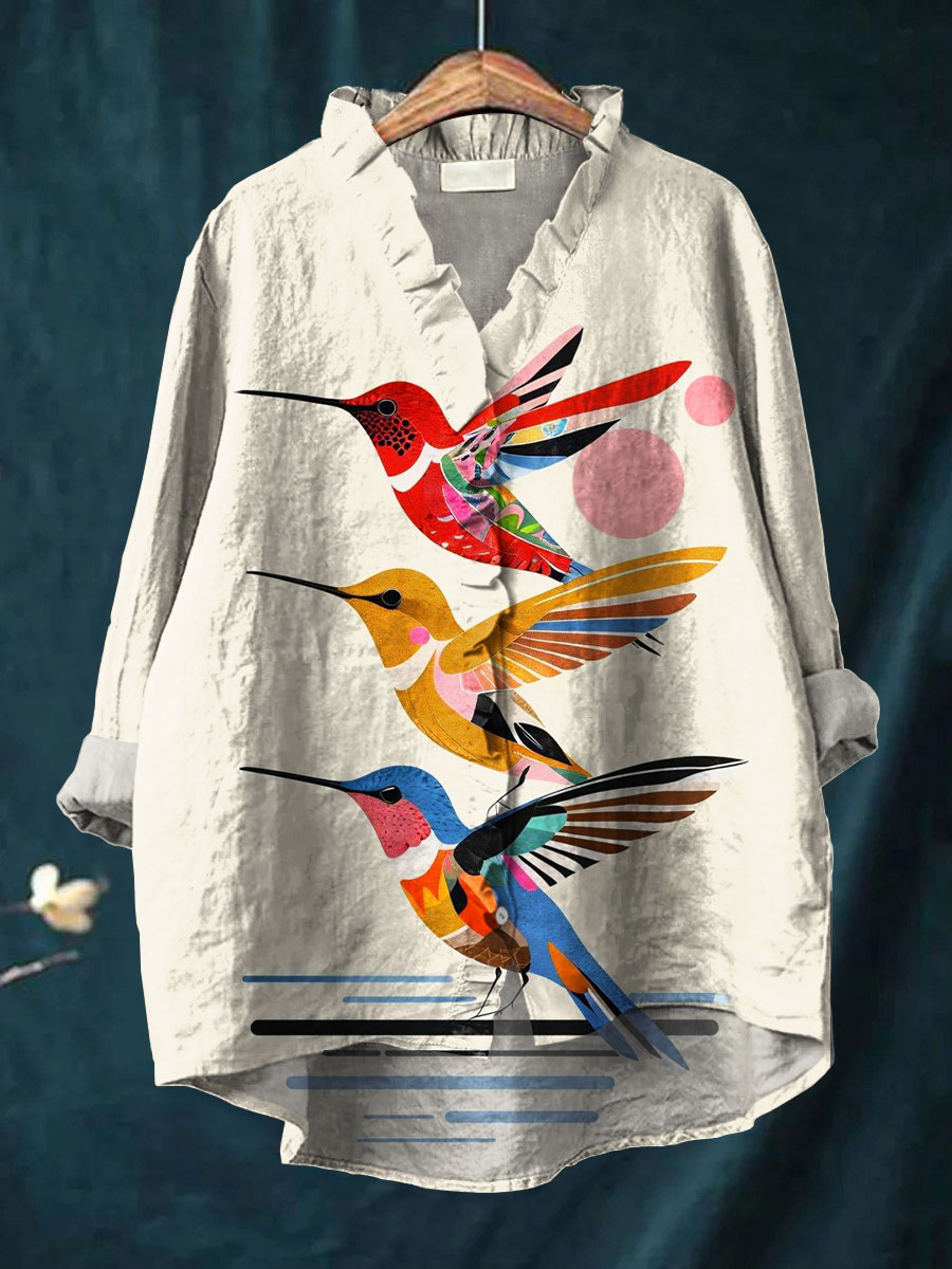 Women's Abstract Colorful Flying Bird Art Print Casual Cotton And Linen Ruffle Shirt