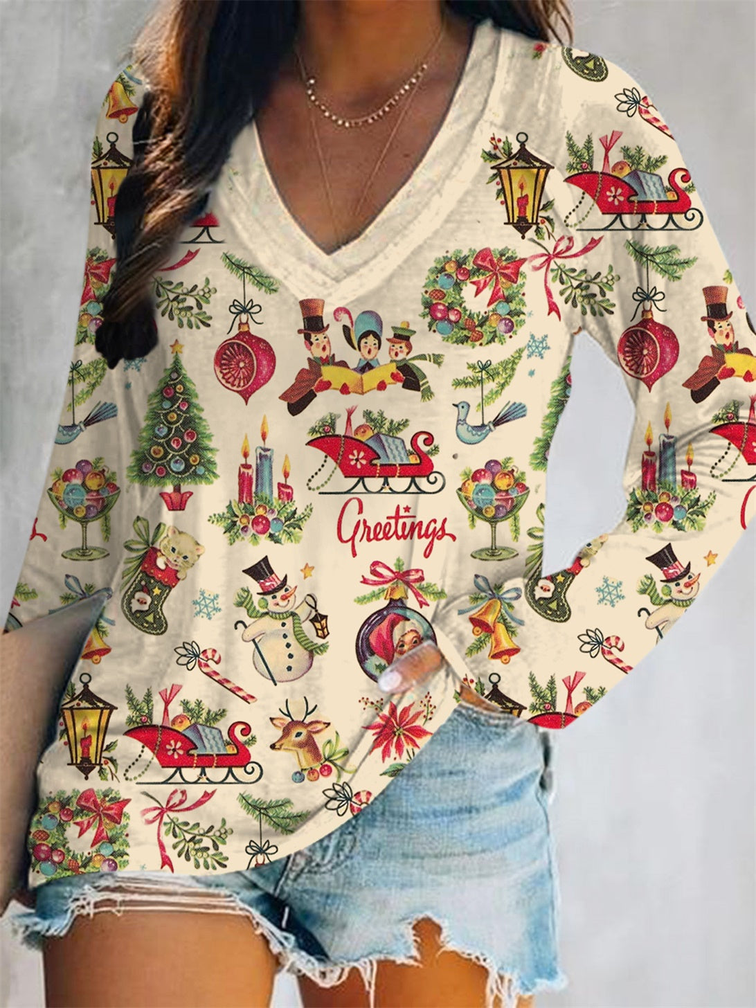 Retro Nostalgic Christmas Print V-Neck Long-Sleeved Top