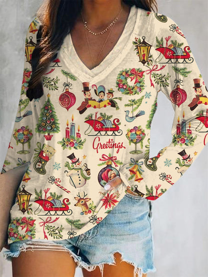 Retro Nostalgic Christmas Print V-Neck Long-Sleeved Top