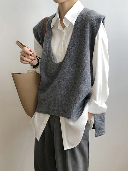 Knitting Irregularity Solid V-Neck Vest