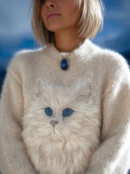 Cute Fuzzy Cat Embroidered Cozy Knit Sweater
