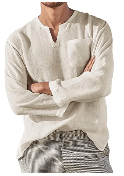 Men's Casual Long Sleeve V-neck Loose Linen Shirt
