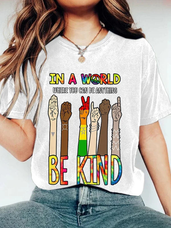 Retro Hippie In A World Where You Can Be Anything Be Kind Print T-Shirt