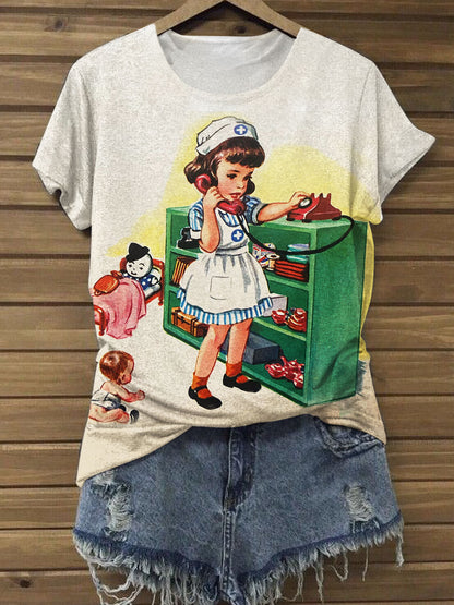 Nurse Nancy Vintage Print Crew Neck Top