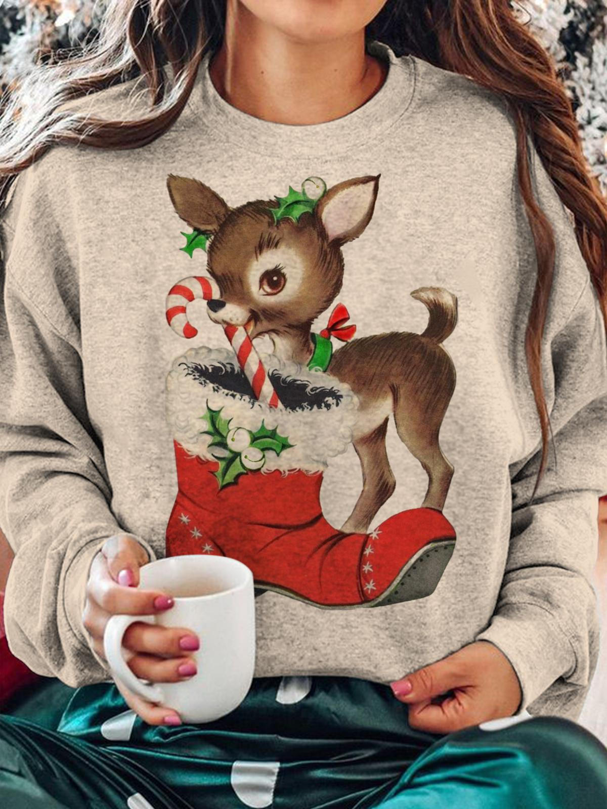 Vintage Christmas Elk Print Long Sleeve Top