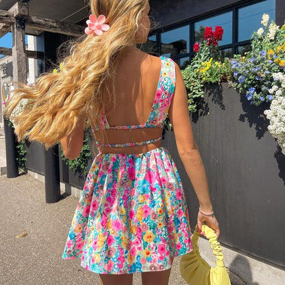 Trendy Floral Holiday Backless Mini Dress